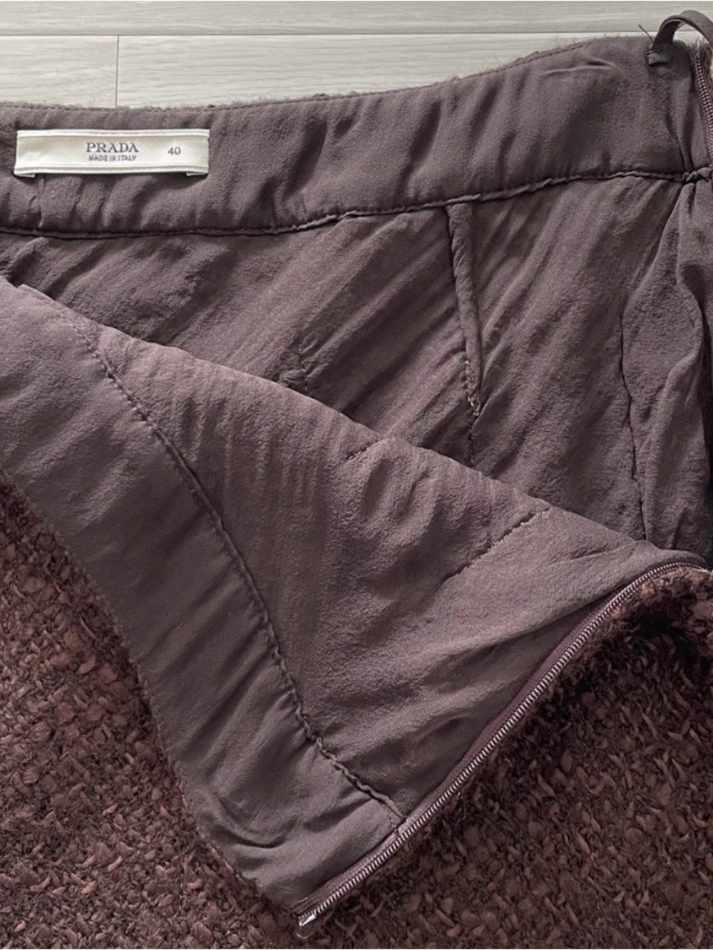 Prada Brown Textured Bouclé Wool Blend ALine Midi Skirt Chiffon LinedChiffon Hem - Picture 5 of 11